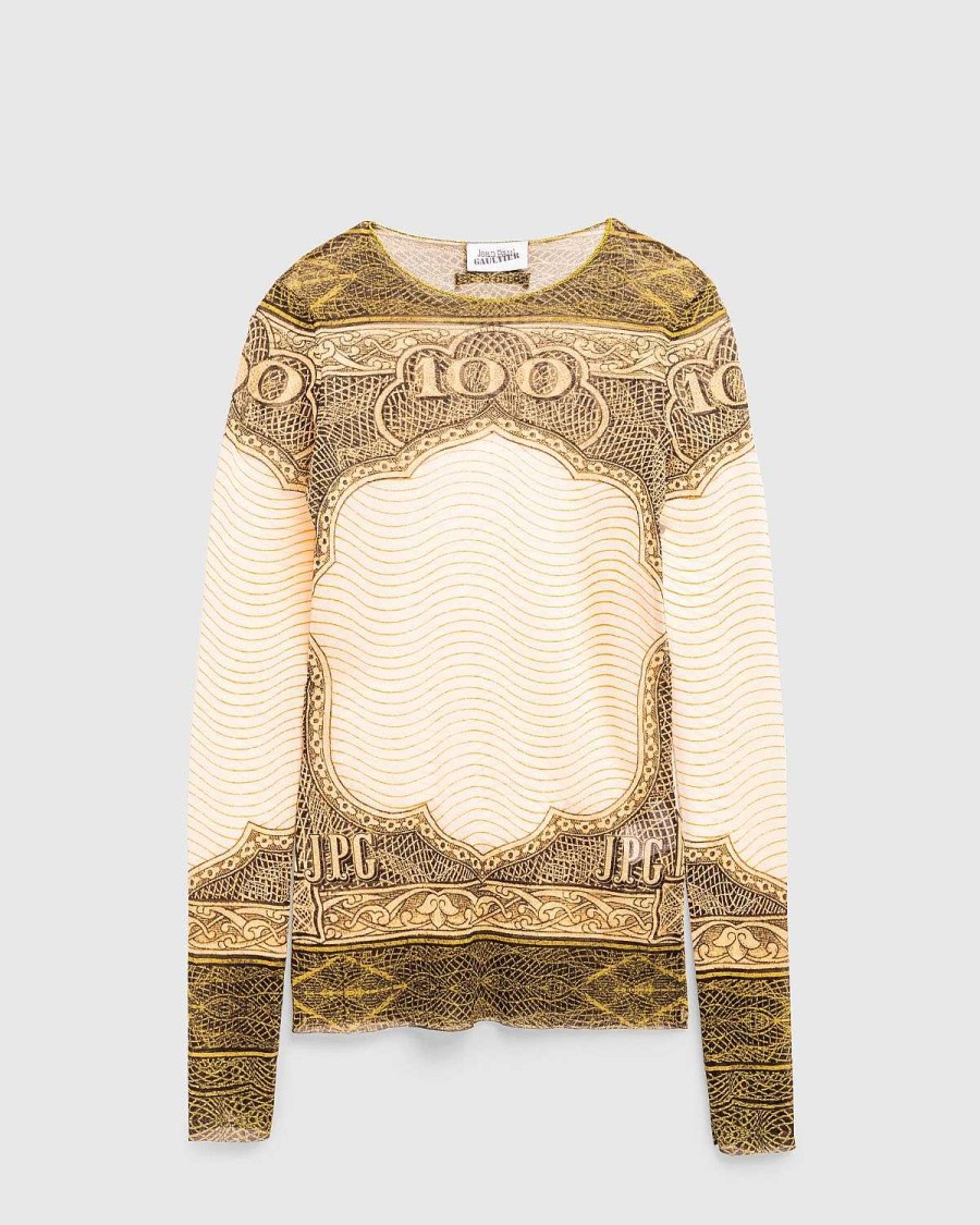 T-Shirts | Jean Paul Gaultier Langaermet Mesh Top Printet Cartouche Gron/Ecru/Sort/Orange