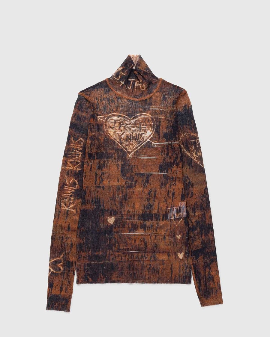 Strik | Jean Paul Gaultier Hojhalset Langaermet Printet Traetop Brun/Ecru