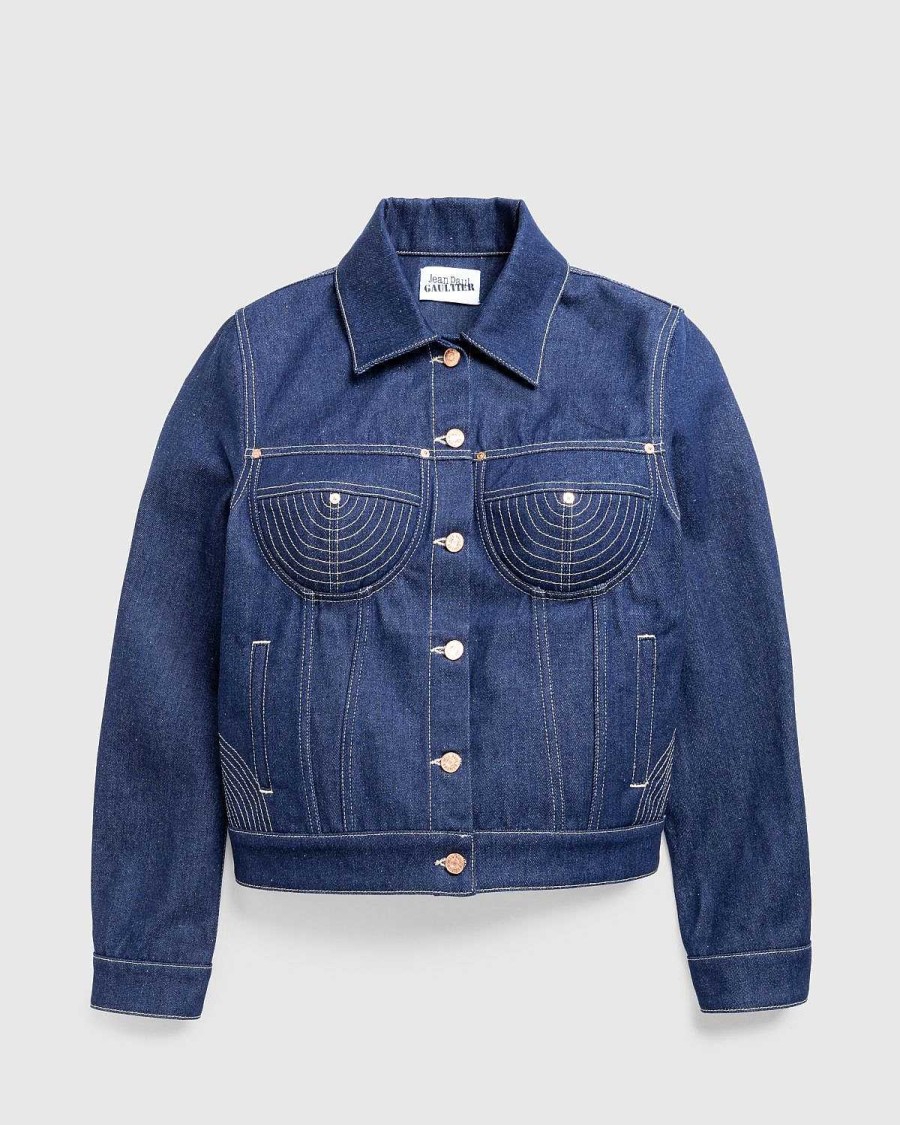 Overtoj | Jean Paul Gaultier Denimjakke Med Kontrastsyninger Madonna Inspireret Indigo/Tabac
