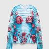 T-Shirts | Jean Paul Gaultier Jersey Langaermet Top Trykt Blomsterkrop Morphing Bla/Rod/Hvid