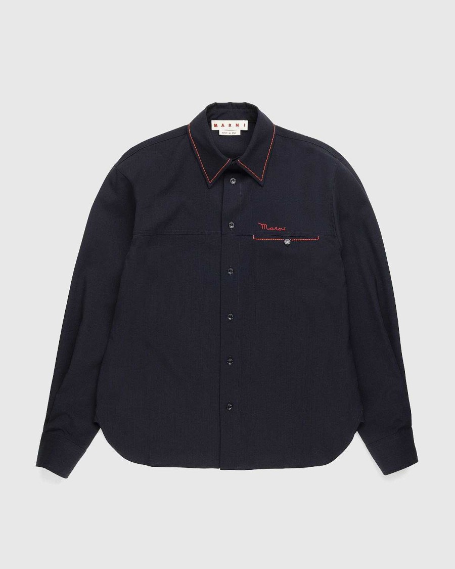 Skjorter | Marni Broderet Virgin Wool Shirt Bla